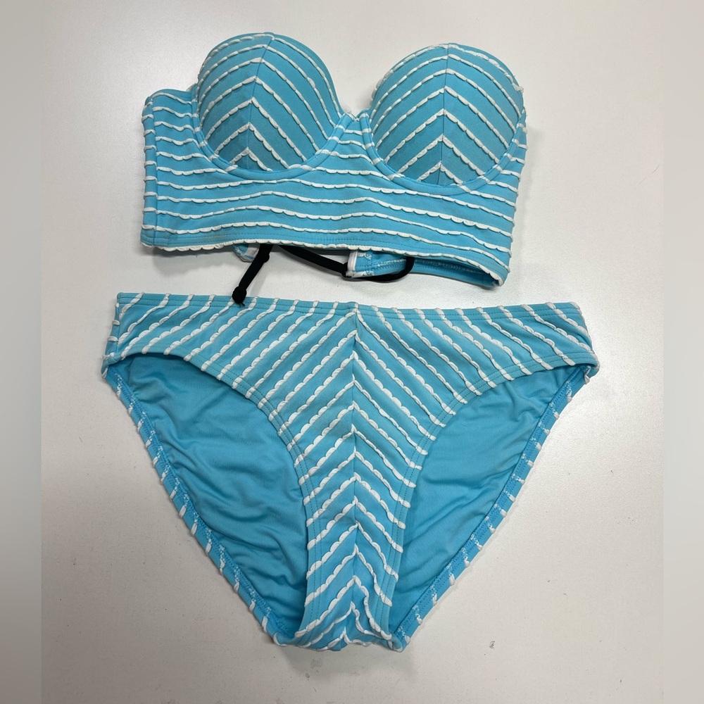 Betsey Johnson Retro Blue and White Striped Women's Swimwear Set Small/Medium